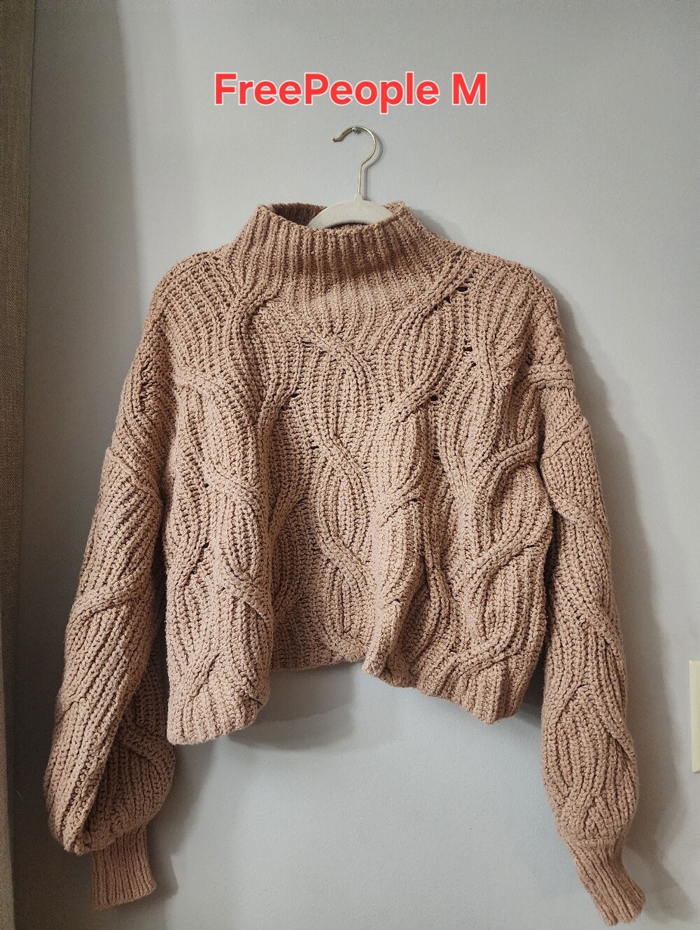 Free People Chunky Cable Knit Cropped Turtleneck Sweater - Blush Pink